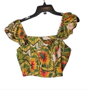 Cynthia Rowley Floral Ruffle Sleeve Linen Blend Crop Top Women's Size Large NWT